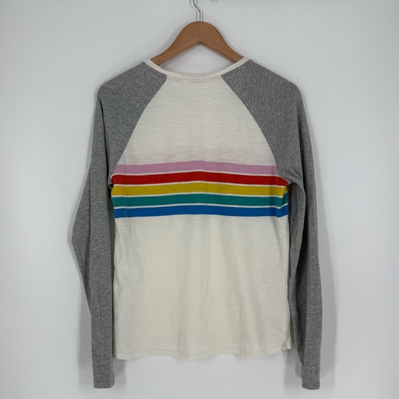 Boden Stripe Raglan Long Sleeve Baseball Tee in Off White/Grey/Rainbow | Medium - Picture 2 of 5